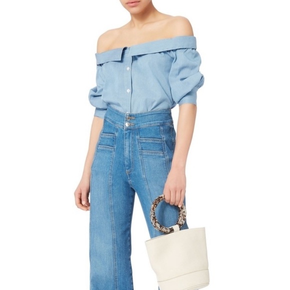 VERONICA BEARD Britta Off-the-Shoulder Button-Front Chambray Top Size 8 - Picture 1 of 11
